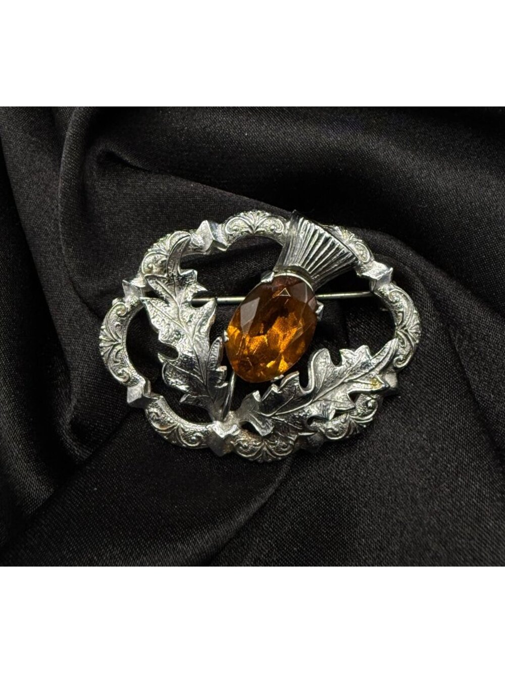 Vintage Mizpah Signed Scottish Thistle Brooch With Amber Glass